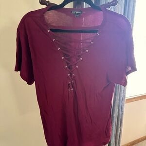 Express maroon women’s shirt short sleeve with strings, V neck medium
